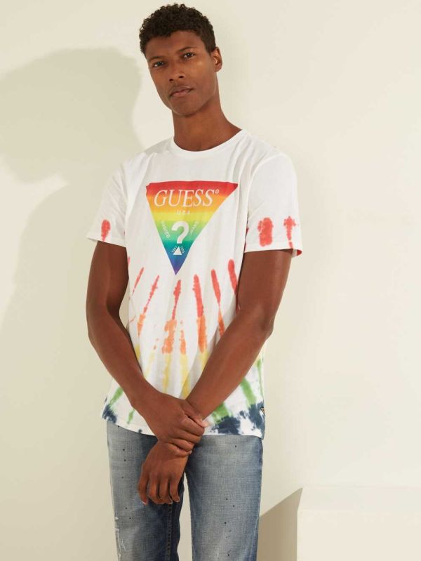 Guess Rainbow Logo Tie-Dye T-shirt Herr Vita Olika Färger | 304692-LQW