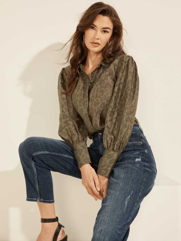 Guess Raven Button-Up Skjorta Dam Gröna | 690852-FYE