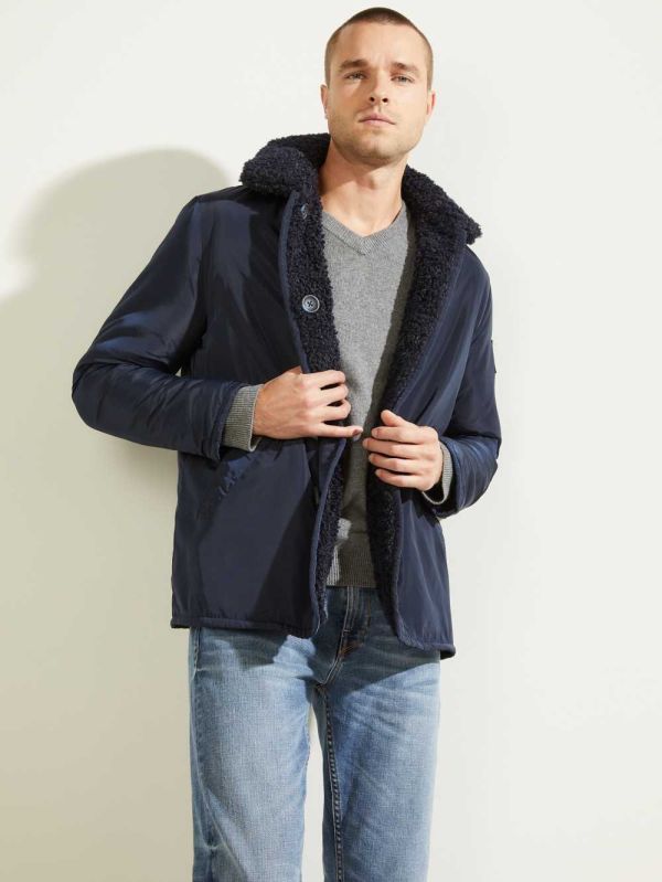 Guess Reversible Nylon Sherpa Peacoat Rockar Herr Mörkblå | 934672-KIG