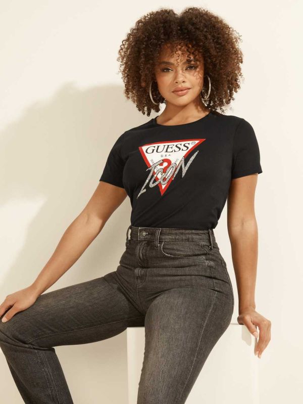 Guess Rhinestone Icon T-shirt Dam Svarta | 795281-TWF