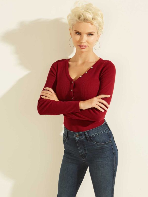 Guess Rhinestone Logo Henley Blast Dam Röda | 287563-RQI