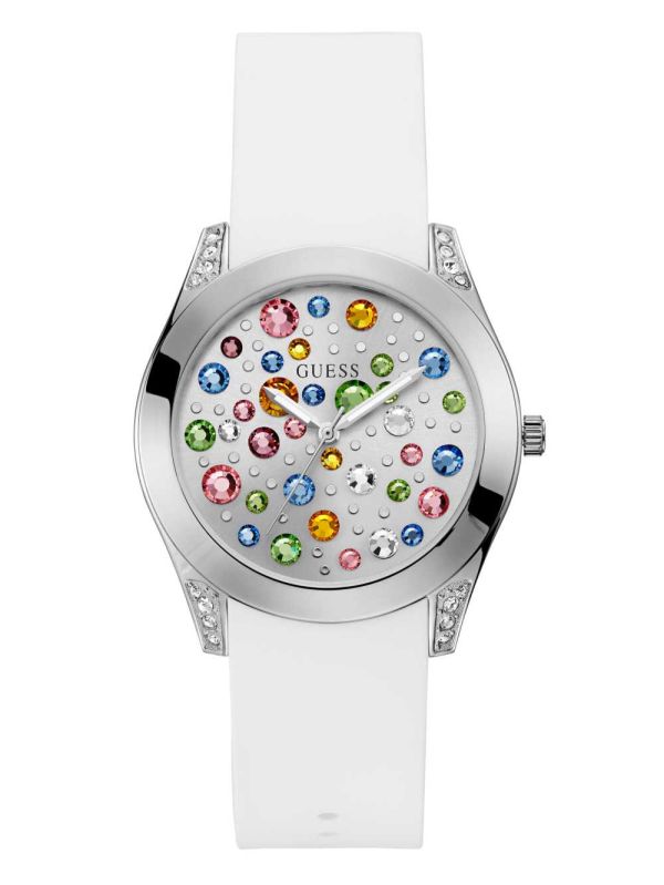 Guess Silver-Tone and White Analog Klocka Dam Vita | 250613-HCB