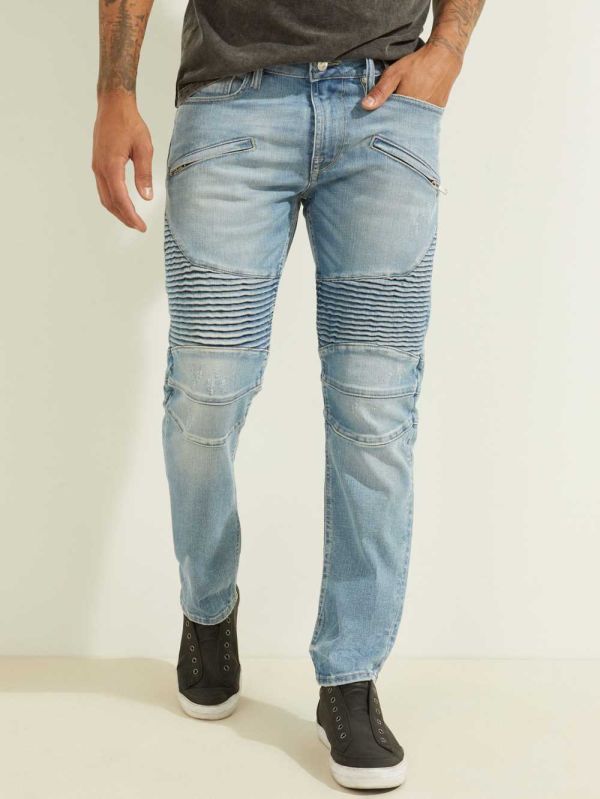 Guess Slim Tapered Pintuck Moto Jeans Herr Blå Vita | 654381-BFH