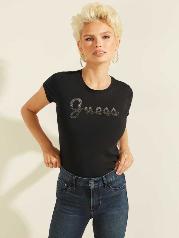 Guess Split Script Logo T-shirt Dam Svarta | 705392-GTP