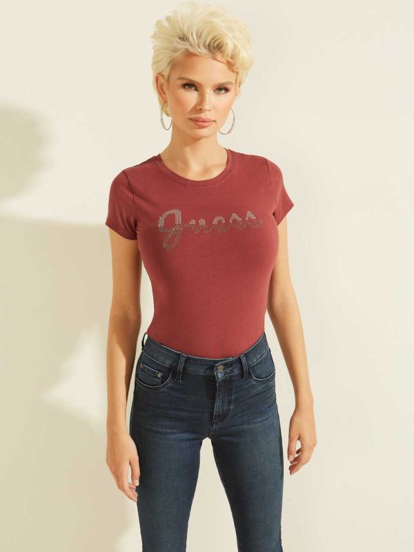 Guess Split Script Logo T-shirt Dam Vinröda | 361298-LBS