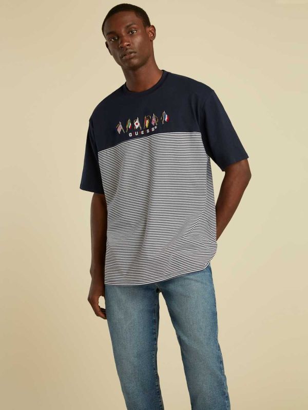 Guess Striped Summer Games T-shirt Herr Blå | 935741-LZF