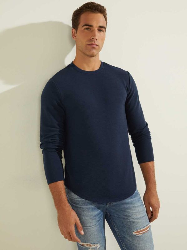Guess Textured Jersey Crewneck Sweatshirt Herr Blå | 704615-BQN