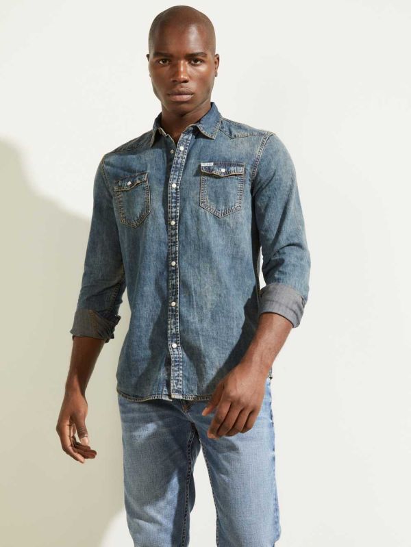 Guess Truckee Denim Western Skjorta Herr Blå | 615793-ZGK