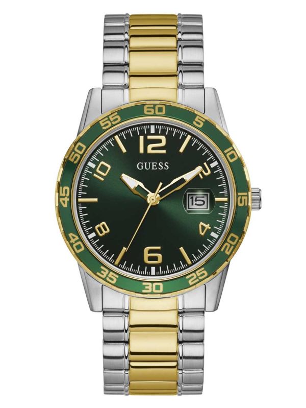 Guess Two-Tone Metal And Green Dial Analog Klocka Herr Silver | 657942-ASP