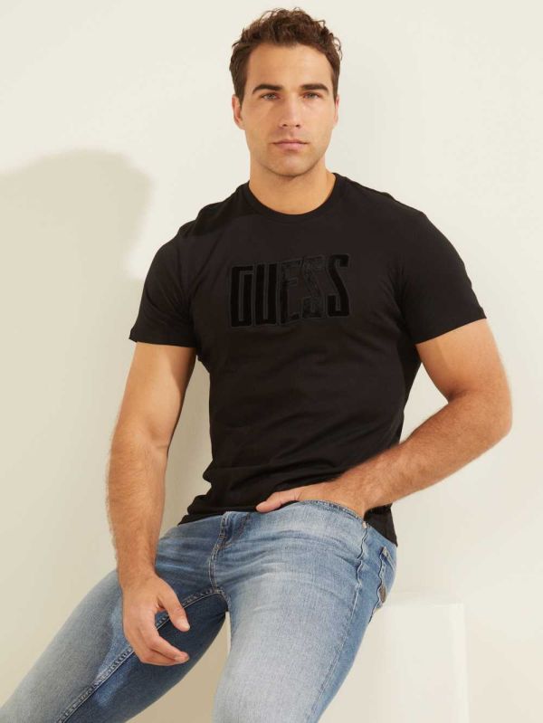 Guess Velvet Applique T-shirt Herr Svarta | 276013-XFG