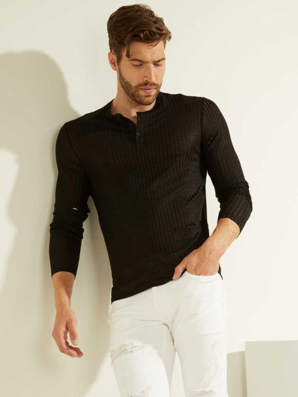 Guess Warehouse Long-Sleeve Henley T-shirt Herr Svarta Olika Färger | 194572-KCD