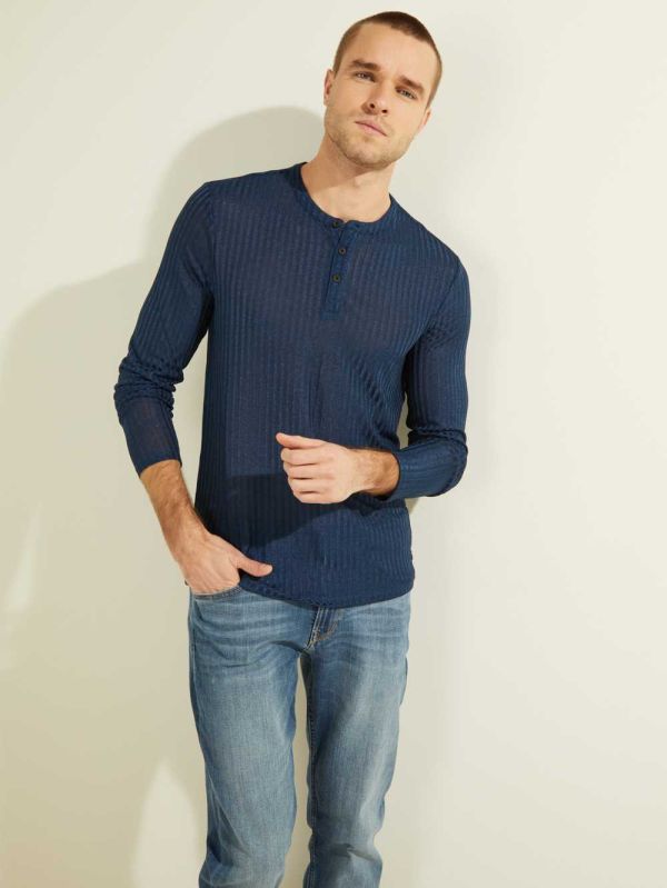 Guess Warehouse Long-Sleeve Henley T-shirt Herr Blå | 803254-YEV