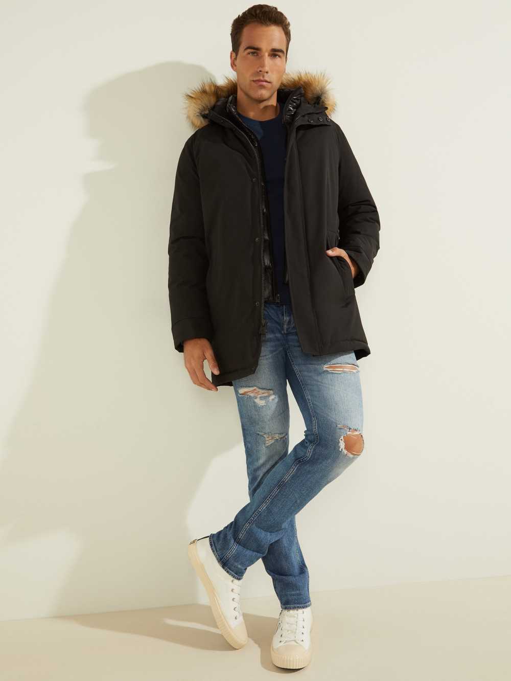 Guess Brian Faux-Fur Hooded Rockar Herr Svarta Olika Färger | 852019-GBJ