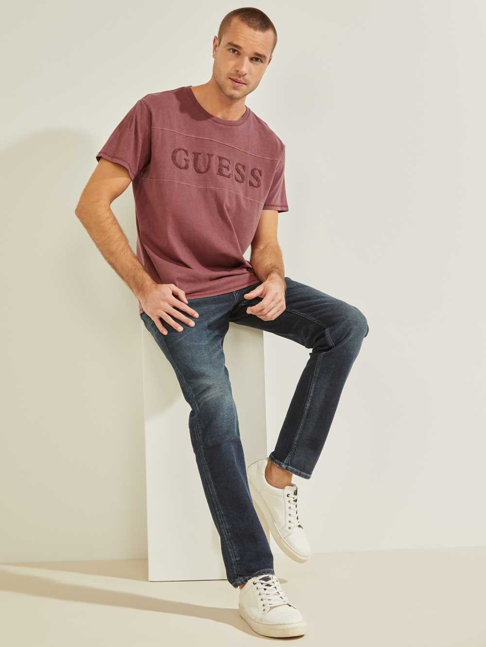 Guess Chenille Logo T-shirt Herr Vinröda Rosa | 687210-QGV