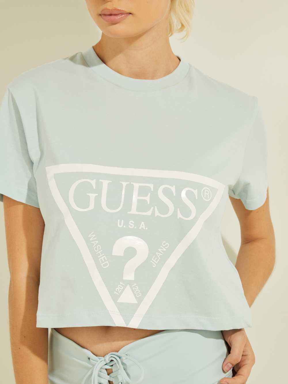 Guess Cropped Logo T-shirt Dam Ljusblå | 943657-UWZ