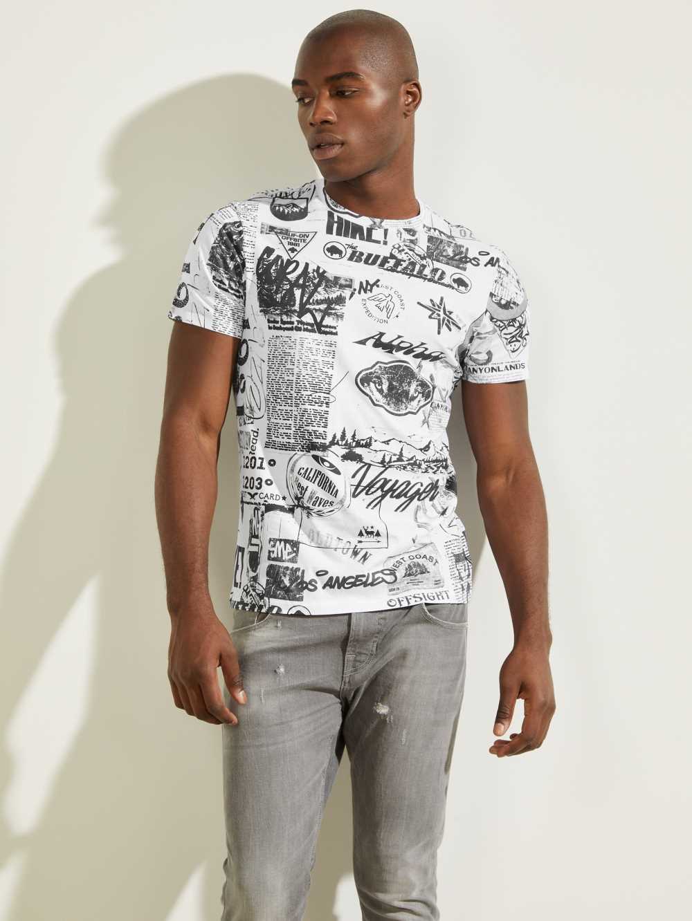 Guess Eco Resort Collage T-shirt Herr Vita Olika Färger | 541802-NUQ
