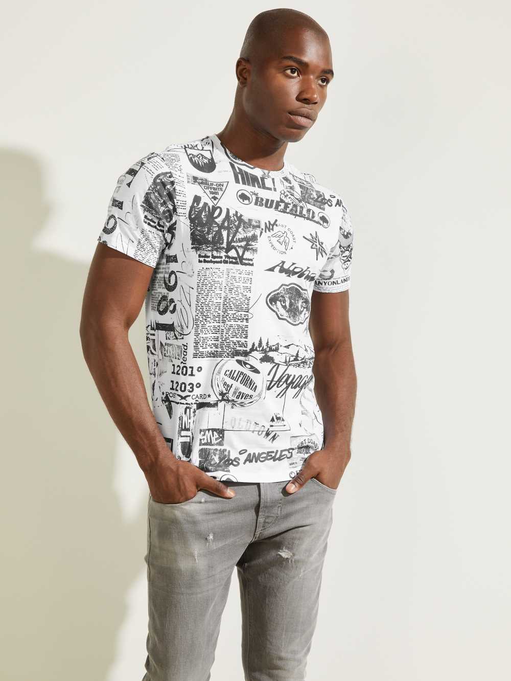 Guess Eco Resort Collage T-shirt Herr Vita Olika Färger | 541802-NUQ