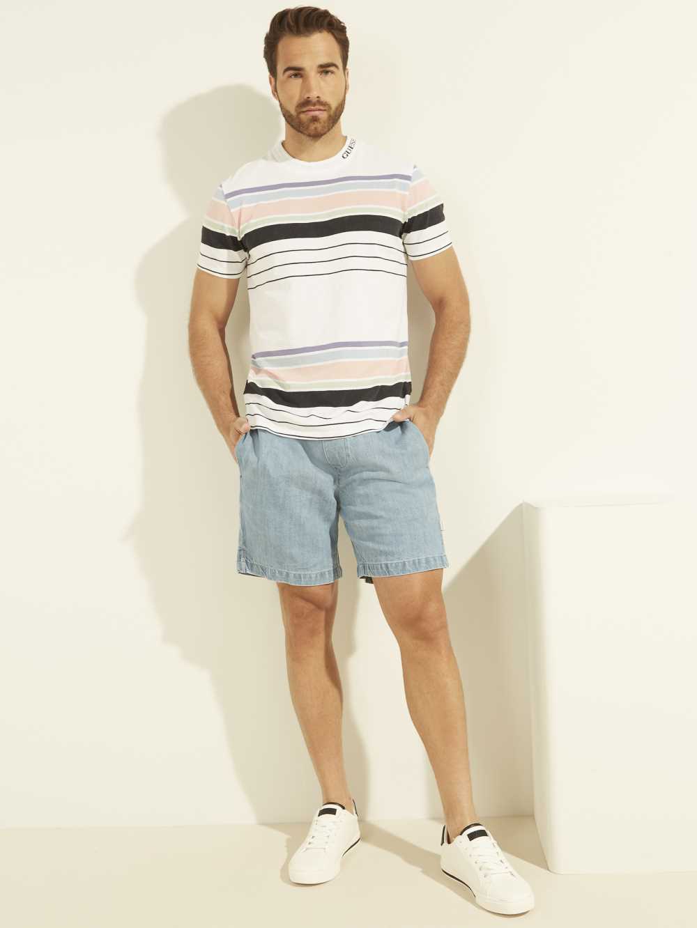 Guess Eli Acid Wash Stripe T-shirt Herr Vita | 854026-GZN