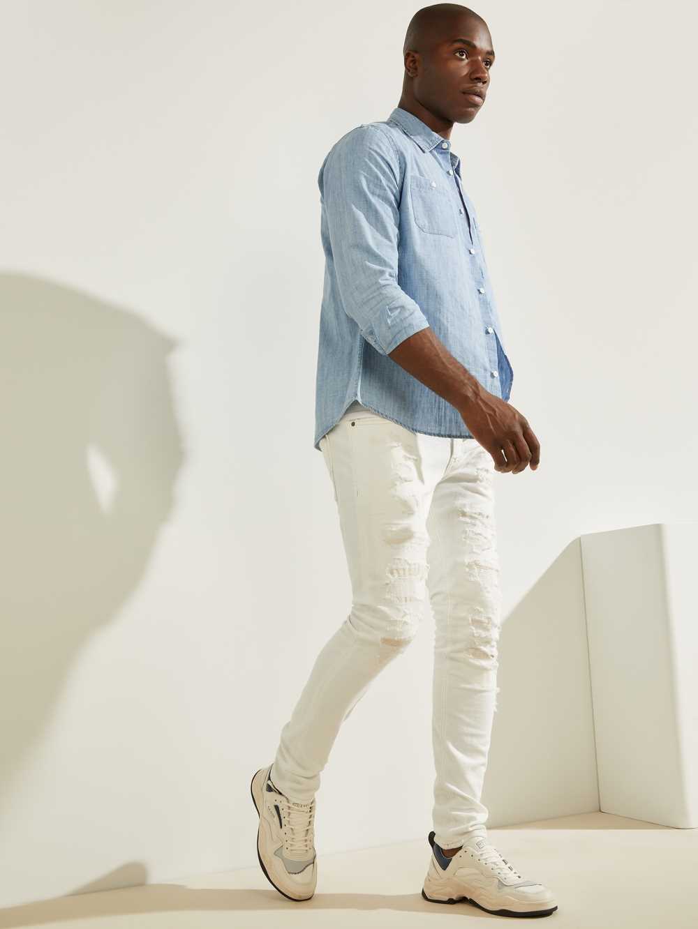 Guess Klassiska Vintage Chambray Skjorta Herr Ljusindigo Olika Färger | 257136-NWP