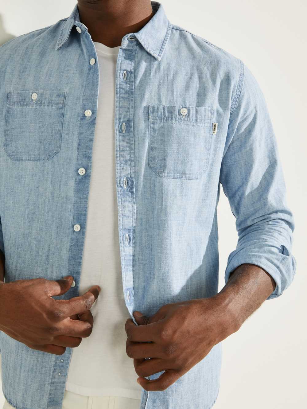 Guess Klassiska Vintage Chambray Skjorta Herr Ljusindigo Olika Färger | 257136-NWP