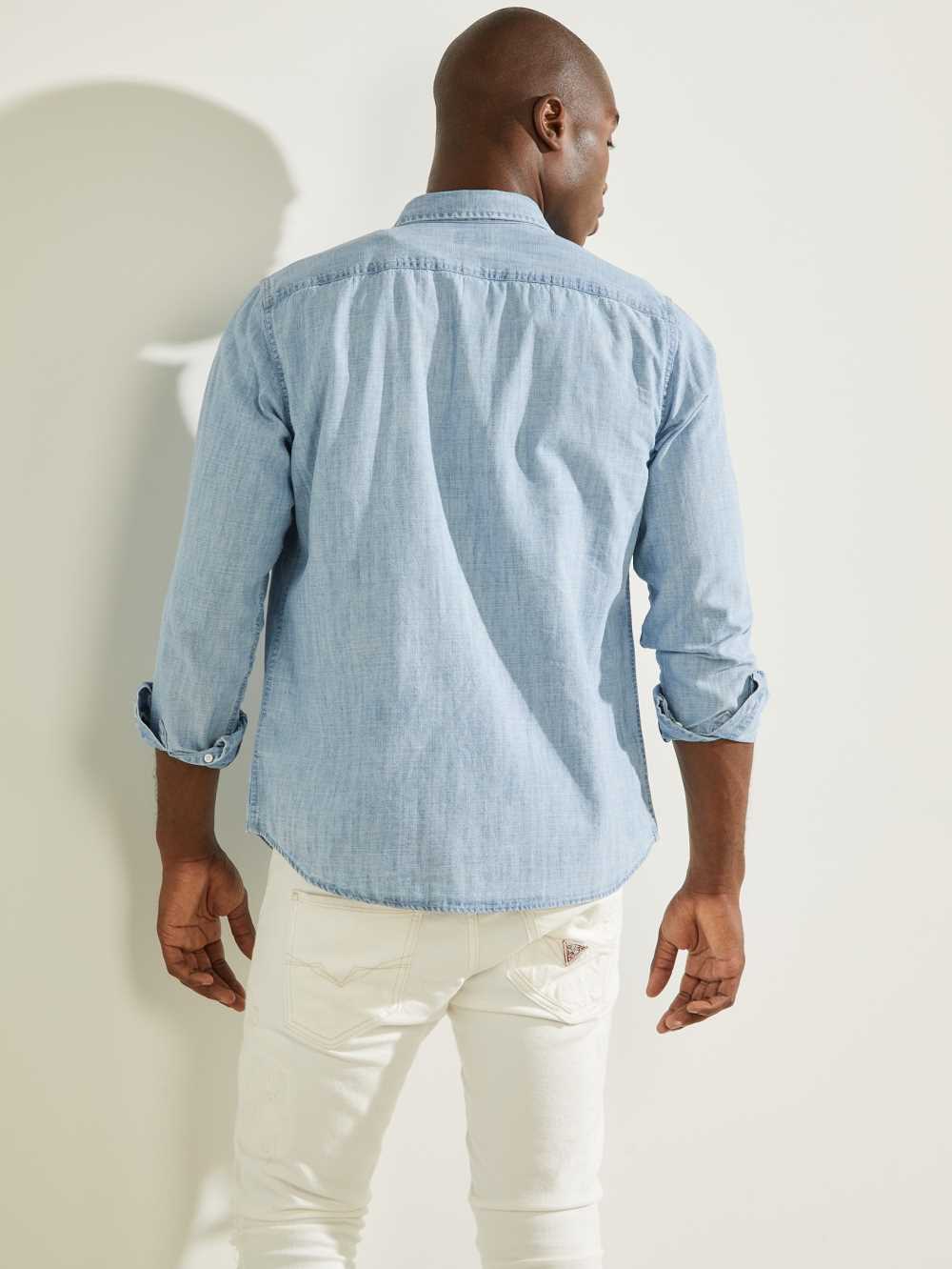 Guess Klassiska Vintage Chambray Skjorta Herr Ljusindigo Olika Färger | 257136-NWP