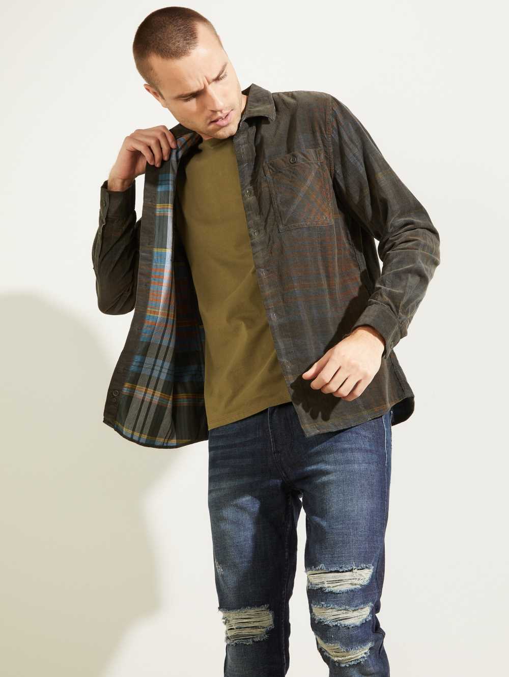 Guess Lincoln Plaid Corduroy Skjorta Herr Mörkgröna | 270364-VHG