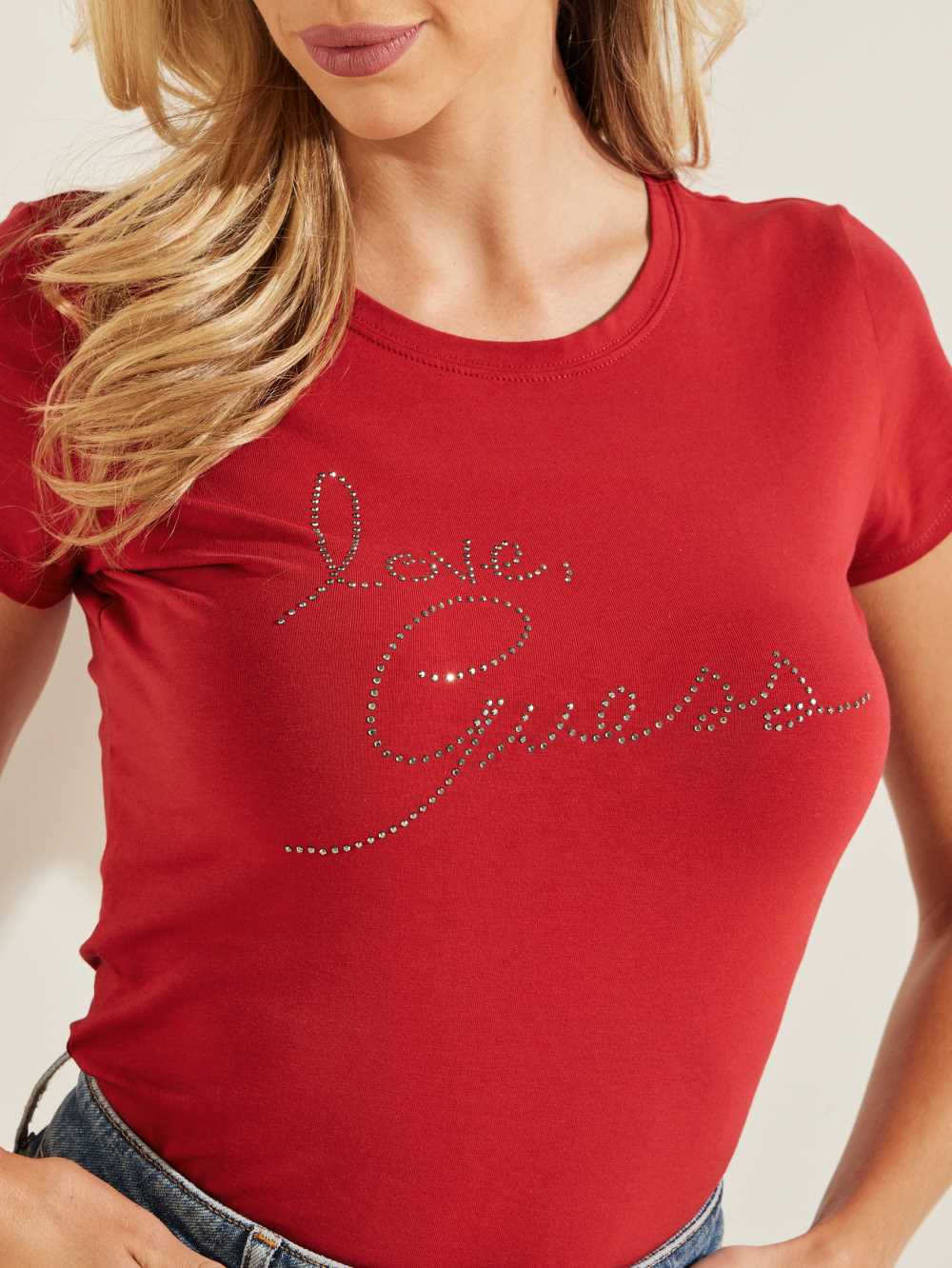 Guess Love Rhinestone T-shirt Dam Vinröda | 975832-KUC