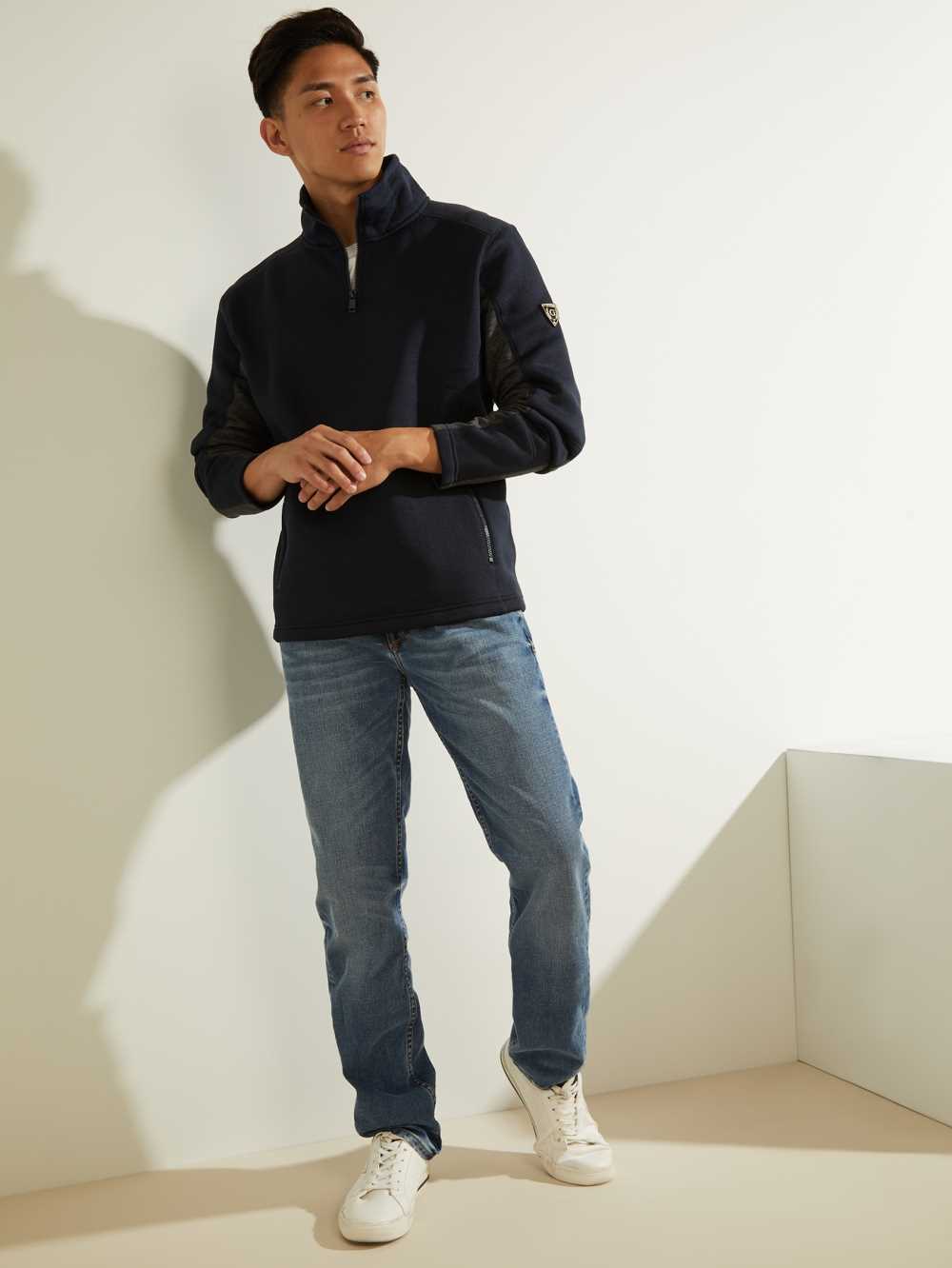 Guess Runyon Fleece Half-Zip Sweatshirt Herr Mörkblå | 281735-DZX