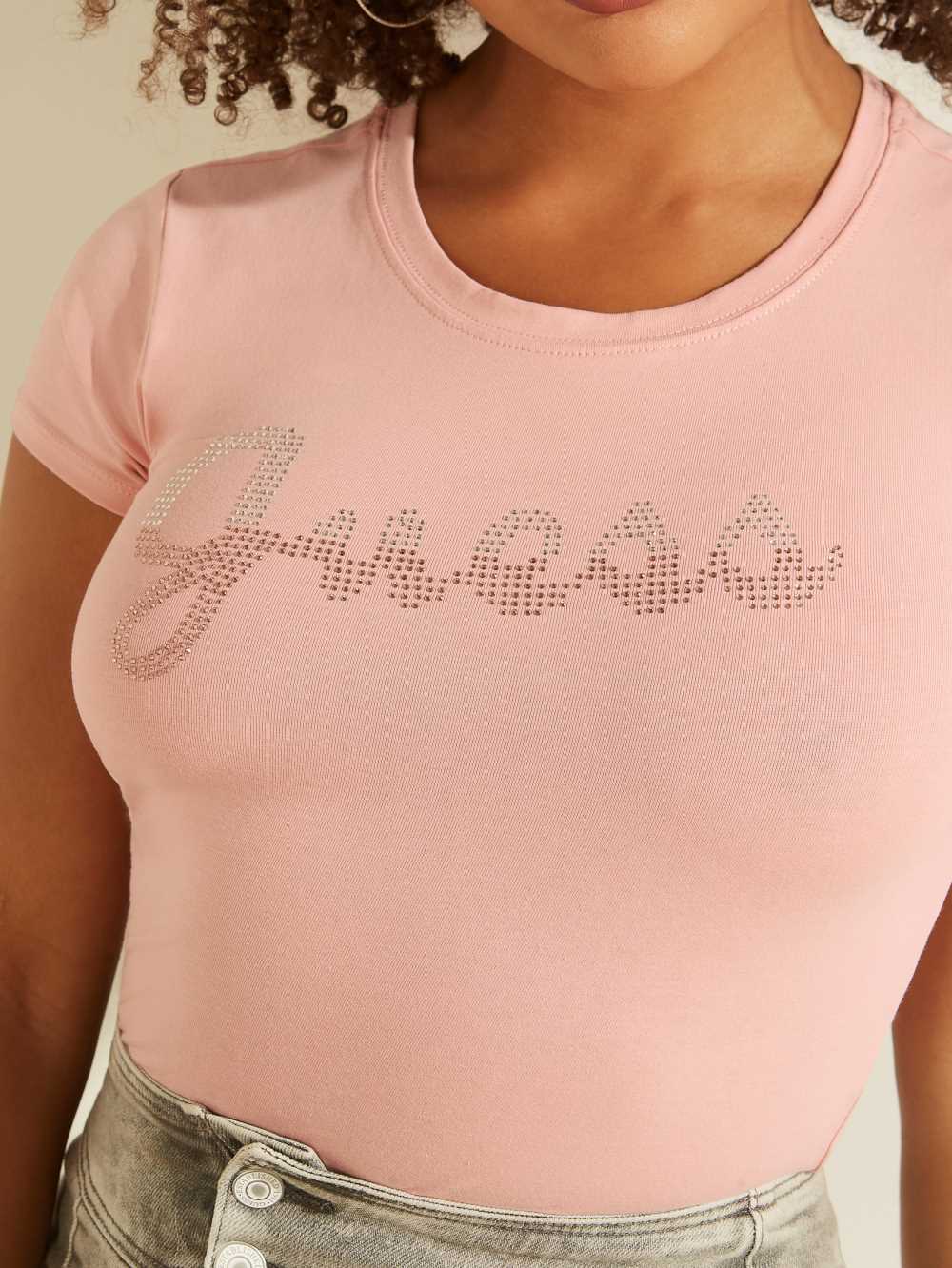 Guess Split Script Logo T-shirt Dam Rosa | 943521-SIQ