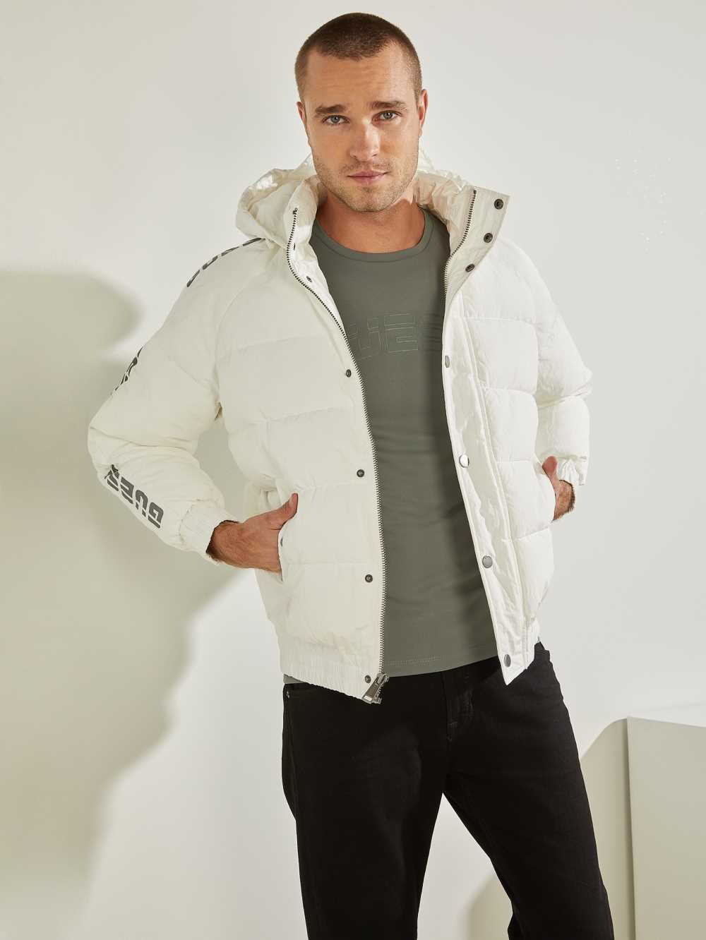 Guess Summit Nylon Ski Puffer Jacka Herr Vita | 836452-NHY