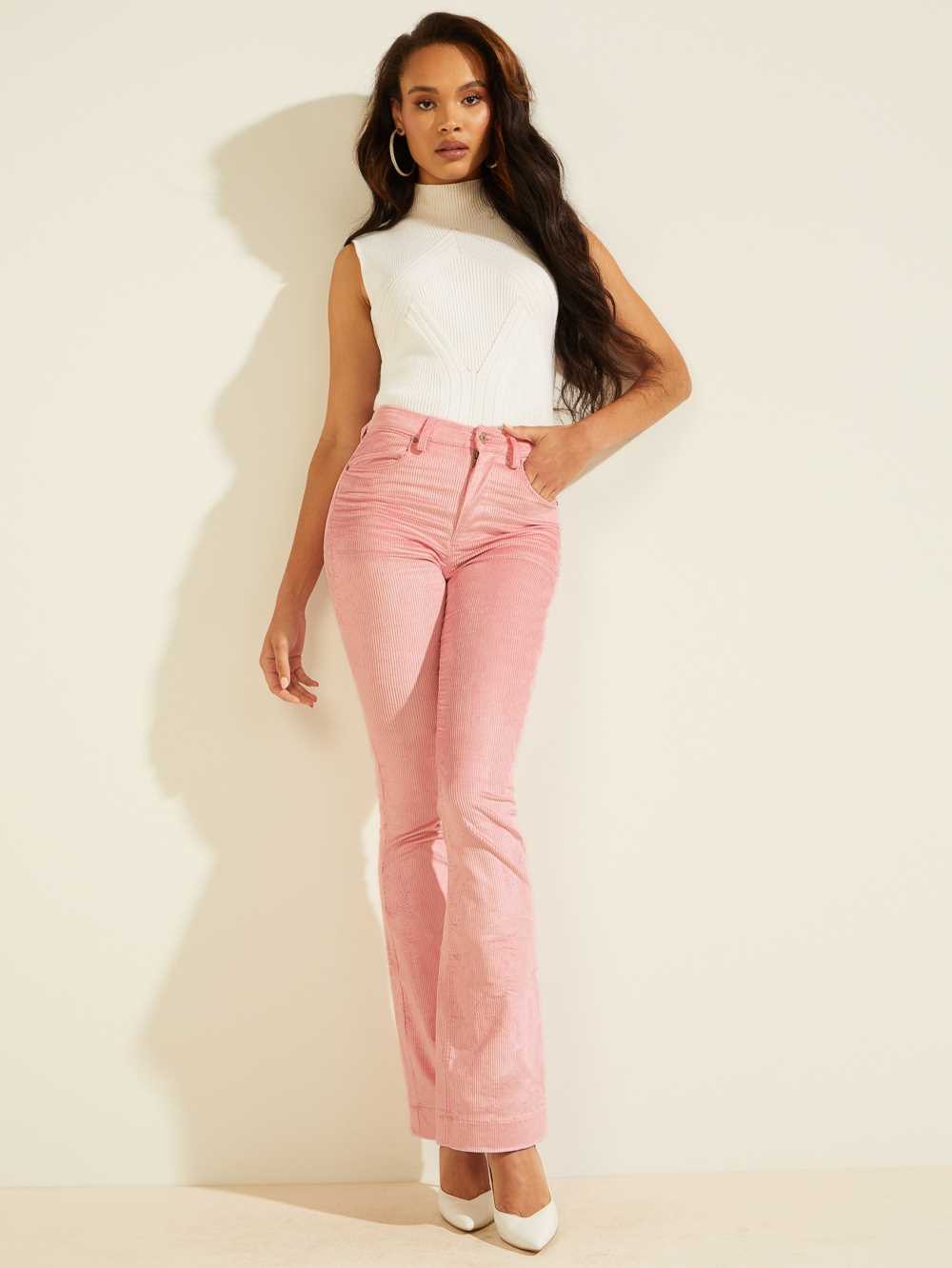 Guess Super-High Rise Corduroy Byxor Dam Rosa | 065729-YJB