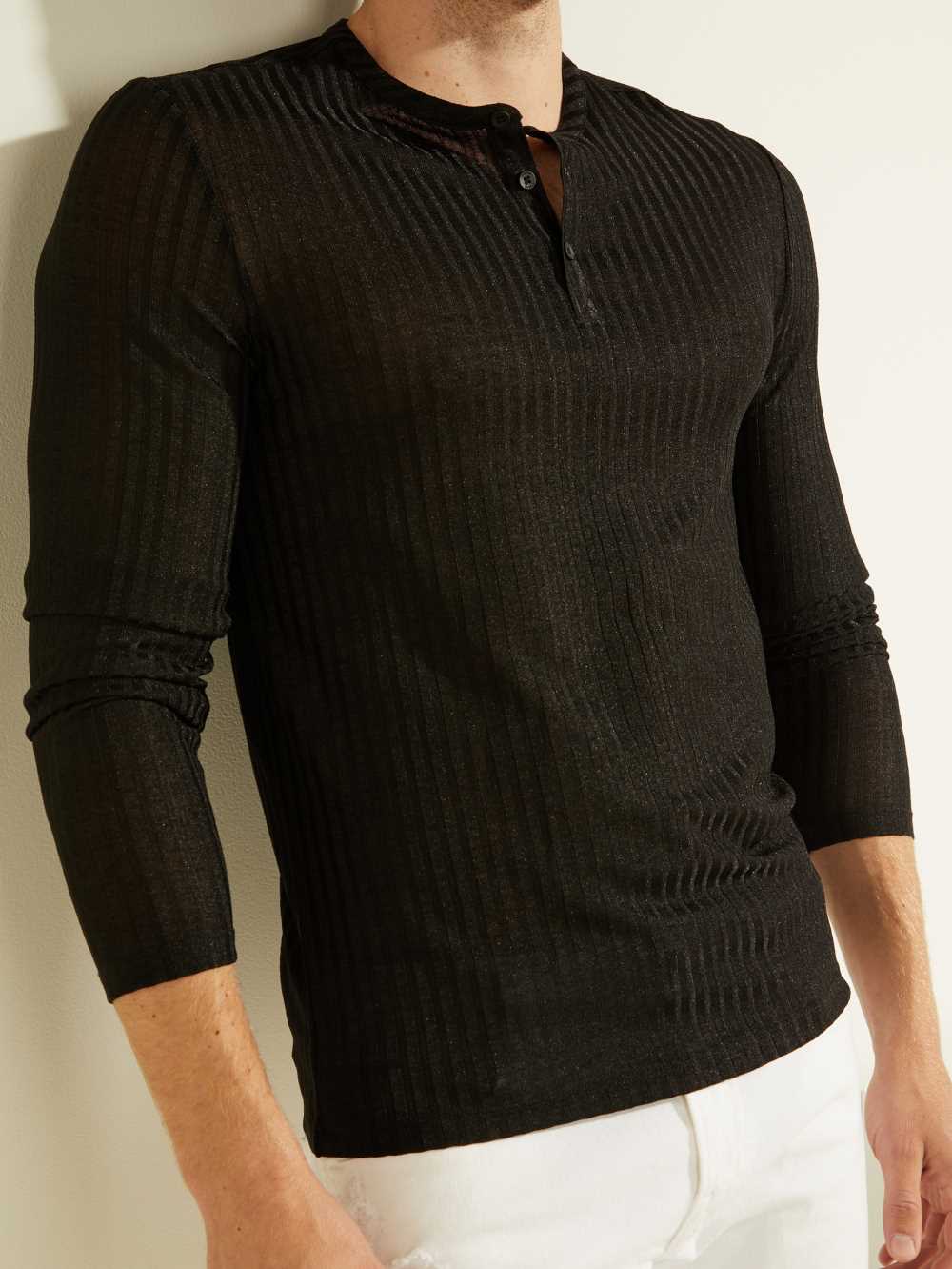 Guess Warehouse Long-Sleeve Henley T-shirt Herr Svarta Olika Färger | 194572-KCD