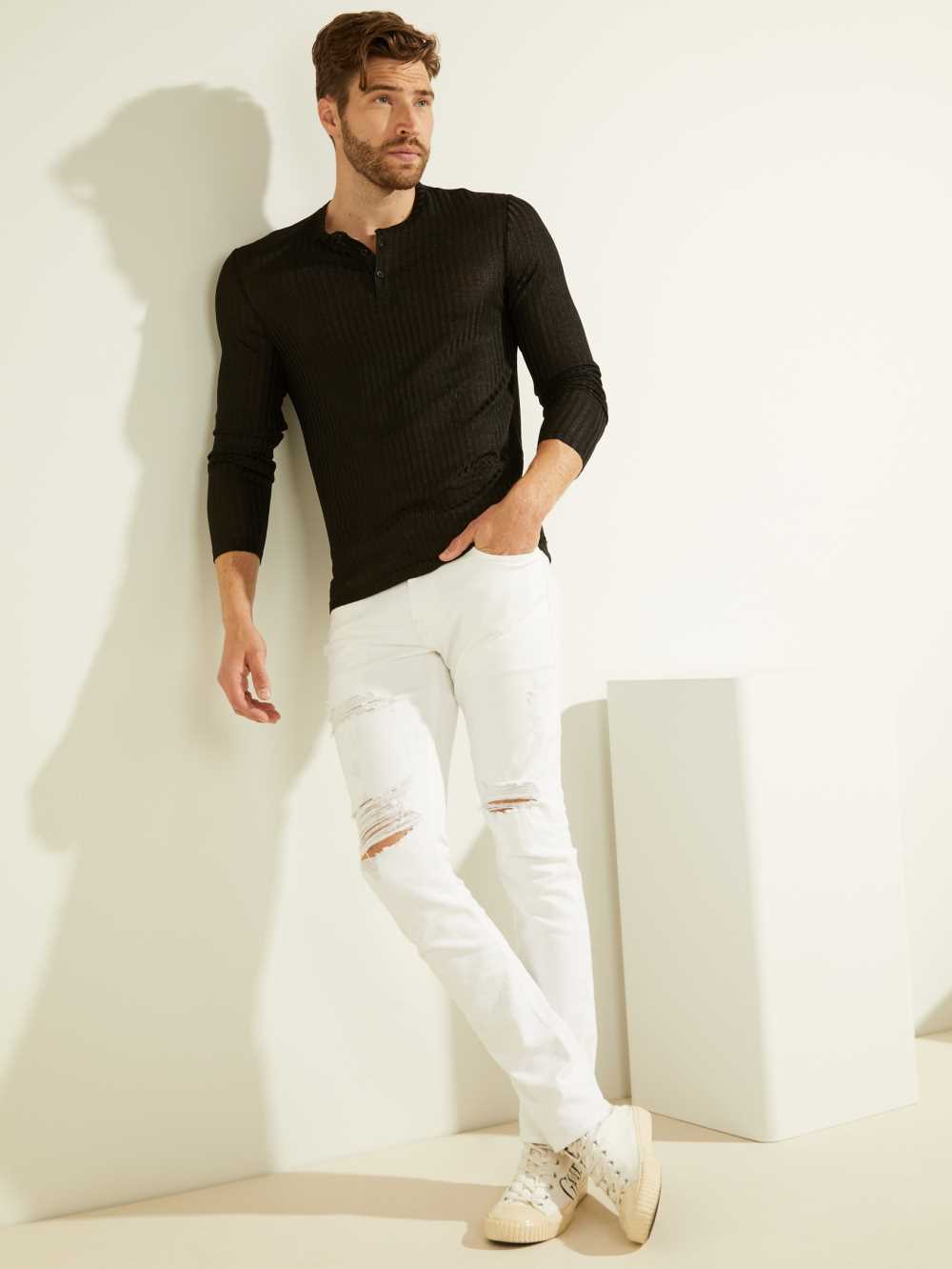 Guess Warehouse Long-Sleeve Henley T-shirt Herr Svarta Olika Färger | 194572-KCD