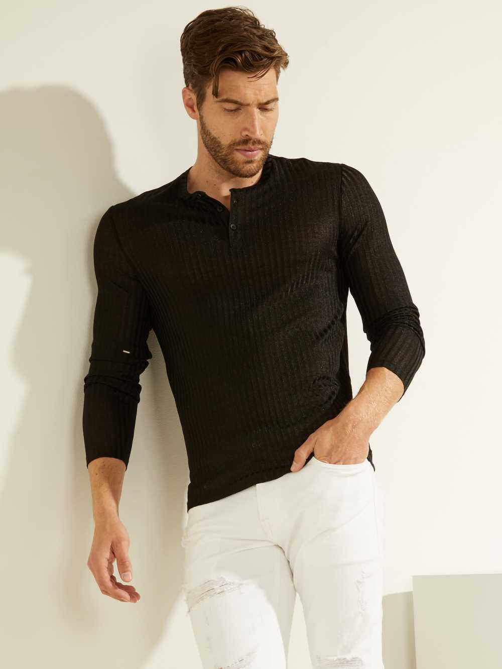 Guess Warehouse Long-Sleeve Henley T-shirt Herr Svarta Olika Färger | 194572-KCD